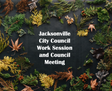 Leaves and Pines surrounding text - Jacksonville Arts Council Meeting and Work Session
