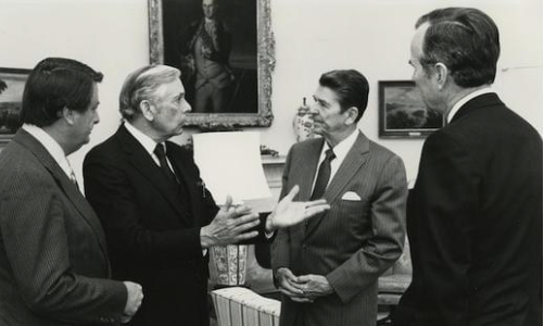 Rep. Tom Bevill, second from left, speaks with former Presidents Ronald Reagan and George HW Bush. Bevill is the subject of a new documentary airing on APT on Feb. 7.