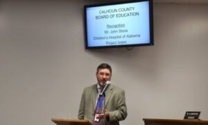 Alabama LifeStart director John Stone speaks during the Calhoun County Board of Education meeting on Feb. 24, 2022.
