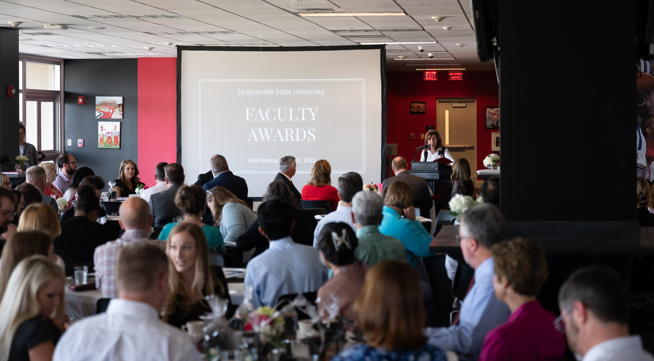 Provost Christie Shelton addresses faculty at the annual awards banquet held on the fifth floor of Meehan Hall on April 27. Photo by Austin Tillison.