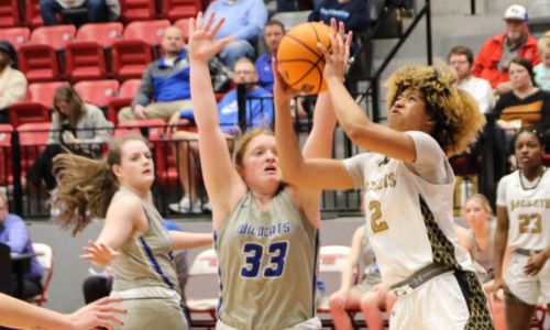 Oxford’s Justice Woods (right) tries to score as White Plains’ Cassidy Arnold defends Tuesday in Pete Mathews Coliseum. (Photo by Greg Warren)