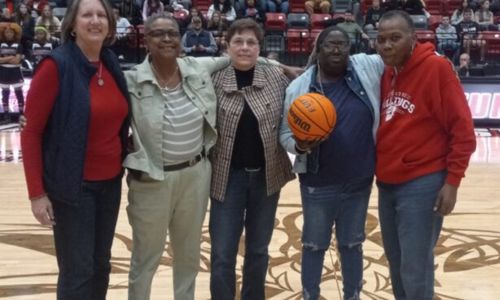 Members of the Anniston team that won the first Calhoun County girls’ basketball tournament in 1979: (from left) Laura Gilmour, Stephanie McBride, Michelle Oliver, Cecila Whatley and Katrina Dorsey. (Photo by Joe Medley)