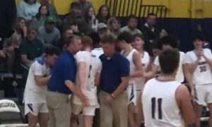 Piedmont’s Alex Odam (1) exits the action to applause after scoring a school-record 59 points in his final home game, Piedmont’s victory over Hokes Bluff in Tuesday’s Class 3A subregional. (Submitted photo)