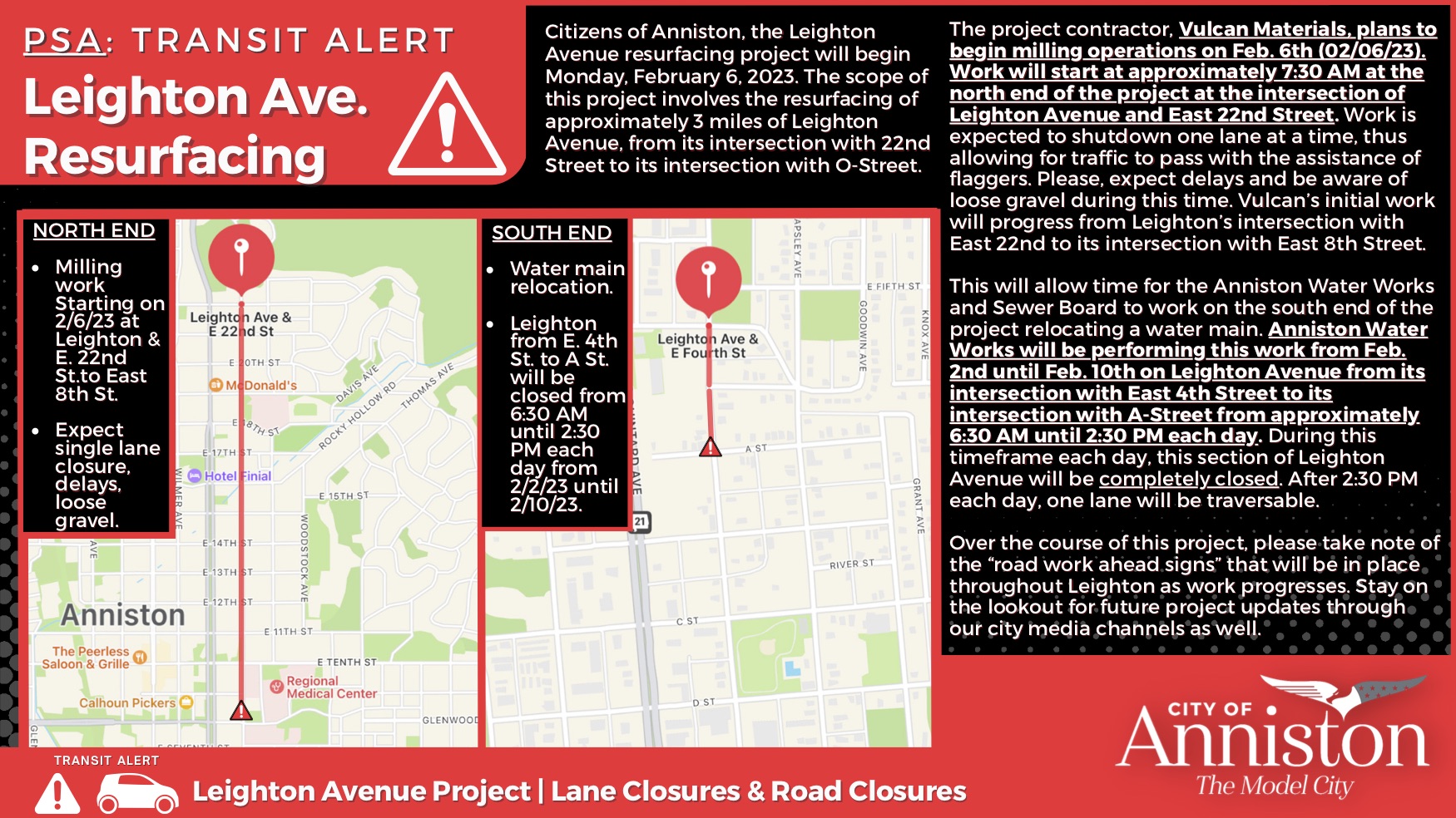 City of Anniston Transit Alert Leighton Ave. Resurfacing 02.06.23