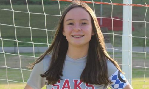 Eighth-grader Layla Garcia, a rising star on the high school soccer scene, scored two goals in Saks’ victory Monday. (Submitted photo)