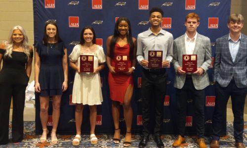 Area player-of-the-year finalists for top Alabama Sports Writers Association basketball awards (from left): Pleasant Valley’s Macey Roper (Class 2A girls), Ranburne’s Briley Merrill (2A girls), Spring Garden’s Ace Austin (1A player of year), Ohatchee’s Jorda Crook (3A player of year), Jacksonville’s John Broom (4A player of year), Piedmont’s Alex Odam (3A player of year) and Faith Christian’s Thomas Curlee (1A boys). ASWA awards were announced at Thursday’s banquet at the Montgomery Renaissance Hotel. (Photo by Joe Medley)
