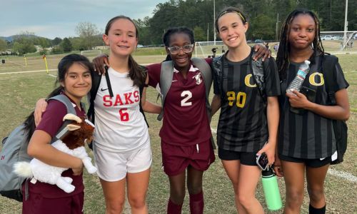 Top young talent showed through during Wednesday’s Calhoun County semifinals at McClellan. From left: Donoho seventh-grader Izzy Romero, Saks eighth-grader Layla Garcia, Donoho seventh-grader Addison West, Oxford seventh-grader Skylar Brooks and Oxford eighth-grader Onyi Maduka. Romero and Brooks scored goals in Wednesday’s action. (Submitted photo)