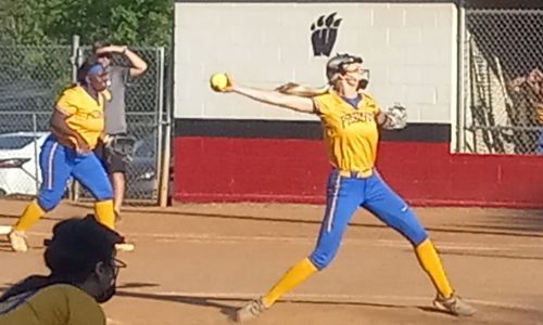 Piedmont’s Emma Grace Todd comes out of her windup in Thursday’s decisive Class 3A, Area 10 showdown at Weaver. (Photo by Joe Medley)