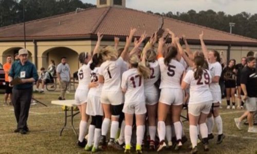 Donoho’s players celebrate after winning their sixth consecutive Calhoun County title Thursday at McClellan. (Submitted photo)