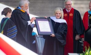Nancy Grace was awarded an honorary doctorate at JSU on Saturday morning. She is pictured with Joseph Scott Morgan (left), distinguished scholar of applied forensics, and Randy Jones (right), chair of the JSU Board of Trustees. Photo by Brandon Phillips.