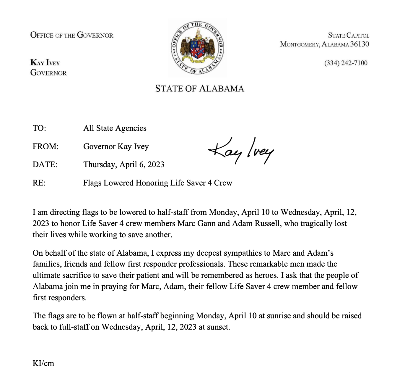 The flags are to be flown at half-staff beginning Monday, April 10 at sunrise and should be raised back to full-staff on Wednesday, April, 12, 2023 at sunset.