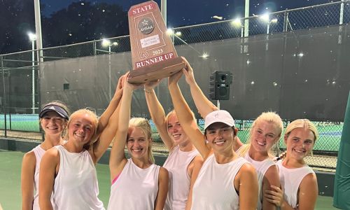 Donoho’s girls’ tennis team hoists another AHSAA ‘red map’ trophy after taking runner up in the Class 4A-5A division in the state tournament in Mobile. (Submitted photo)