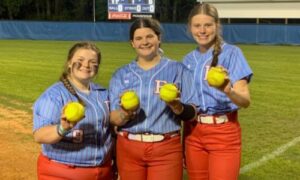 Pleasant Valley’s Sydney Beason (left), Gracee Ward (center) and Lily Henry homered Tuesday, in the Raiders’ victory over White Plains. Ward homered twice. (Submitted photo)