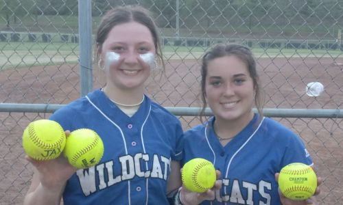 White Plains’ Leighton Arnold (left) hit three home runs during Wednesday’s action in the Calhoun County tournament at Woodland Park, and Callie Richardson hit one. (Photo by Joe Medley)