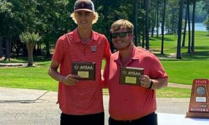 Weaver’s Nick Ledbetter (right) finished runner up in the Class 3A state golf tournament for the second year in a row, eight strokes back of Westbrook Christian’s Eli Edge (left). (Submitted photo)