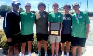 Faith Christian’s Eli Mitchell holds the championship plaque while posing with teammates after the Lions won their Class 1A-3A sectional in April. Mitchell won the No. 1 singles court at the Red Wilder Invitational. He also teamed with Joshua Goode to win No. 1 doubles at sectional and reach the Class 1A-3A No. 1 doubles final at the state tournament. Mitchell is East Alabama Sports Today’s boys’ All-Calhoun County player o the year. (Submitted photo)