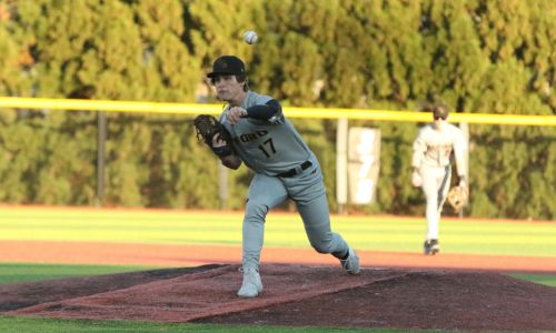Oxford’s Hayes Harrison pitches during the 2023 Calhoun County final against Alexandria. (Photo by Mike Lett/Lettsfocus.smugmug.com)