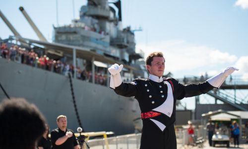 Drum major Daniel O'Donnell led the Marching Southerners in front of the USS Missouri in Hawaii in December 2016 in a performance honoring the 75th anniversary of the attack on Pearl Harbor. 