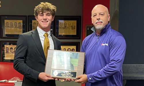 Oxford’s Hayes Harrison receives the Alabama Mr. Baseball Award during Sunday’s Alabama Sports Writers Association convention at Jacksonville State University. (Submitted photo)
