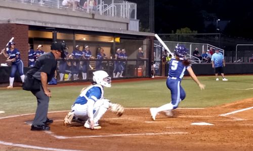 Suzy Brookshire follows through on a fourth-inning double during the Smash It Sports Vipers’ 7-4 loss to the Oklahoma City Spark on Monday at Choccolocco Park. (Photo by Joe Medley)