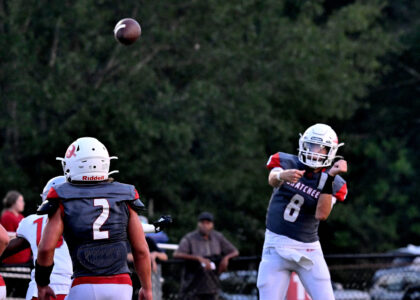 Ohatchee quarterback Jake Robertson throws a pass to Nate Jones during the Indians’ 32-8 victory over Saks on Thursday at Ohatchee. (Photo by B.J. Franklin/Gunghophotos.com)