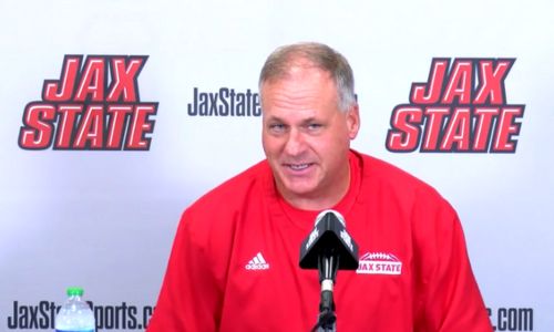 Jax State coach Rich Rodriguez talks Tuesday during the Gamecocks’ game-week news conference. (Photo by Joe Medley/East Alabama Sports Today)
