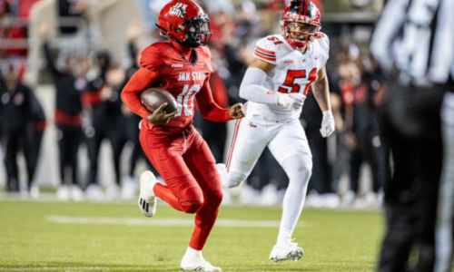 Jax State quarterback Zion Webb runs on the way to a big night against Western Kentucky on Tuesday. (Photo by Brandon Phillips/Jax State)