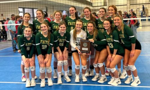 Faith Christian’s volleyball team poses with the AHSAA South Super Regional runner-up trophy Friday in Montgomery. (Submitted photo)