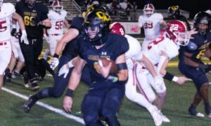 Cherokee County’s Jacob Cornejo runs to school history as the Warriors beat Haleyville in Friday’s second-round playoff action. (Photo by Shannon Fagan/WEIS Radio)