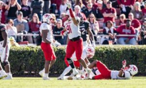 Chris Hardie and Jax State’s defense come up with a stop against South Carolina on Saturday. (Photo by Brandon Phillips/Jax State)