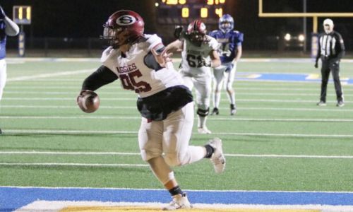 Sylacauga’s J.T. Sumner scores the game-winning two-point conversion after catching a pass on Friday at Piedmont. The Aggies won 32-31. (Photo by Jean Blackstone/For East Alabama Sports Today)