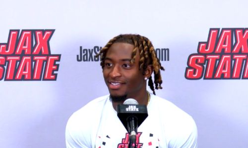Jax State seventh-year senior safety talks during the team’s bowl news conference Monday. (Photo by Joe Medley)