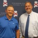 Blake Jennings (left) with White Plains principal Andy Ward at Jennings’ hiring in April of 2023. (File photo)