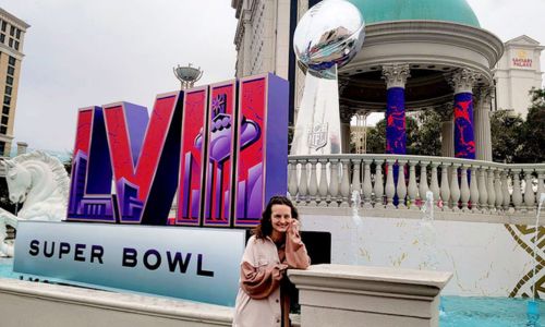 Jaci Jo Mayo poses in front of two iconic emblems - the Super Bowl LVIII "trophy," and Caesar's Palace in Las Vegas. Mayo was selected to be a back up dancer in the Halftime Show during Super Bowl LVIII on February 11. (courtesy photo)