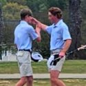 White Plains’ Sawyer Edwards (right) and Cam Hurst embrace after battling through Tuesday’s final round of the Calhoun County tournament at Pine Hill Country Club. (Photo by Joe Medley)