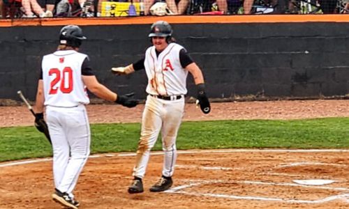 Alexandria’s Brodie Slaton scores a run against Springville in Game 1 of their Class 5A semifinal series on Tuesday at Alexandria. (Photo by Joe Medley)