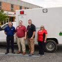 Pictured with the donated ambulance are, from left, Patrick Bright, director of operations for AMED; John Hollingsworth, director of Gadsden State’s EMS Program; Brian Selke, faculty member; and Tracy Shew, faculty member.