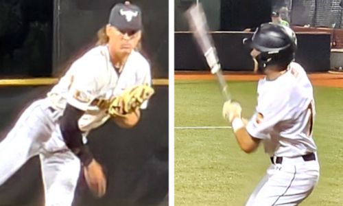 Former White Plains pitcher Carson Tyree (left) turned in a solid relief performance, and former Spring Garden standout Weston Kirk turned in a single, two steals and a run as the Choccolocco Monsters improved to 3-0 on the season with an 8-3 victory over the Brookhaven Bucks on Saturday at Choccolocco Park. (Photos by Joe Medley)