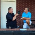 Monsters general manager Roby Brooks talks with Choccolocco Park director Billy Thompson before the team’s home opener on Friday. Brooks will also serve as Hope Christian Academy’s first head baseball coach next spring. (Photo by Joe Medley)