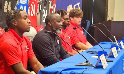 First-year Talladega High School coach Damien Dorsey talks during Wednesday’s Talladega County High School football media day. (Photo by Joe Medley)