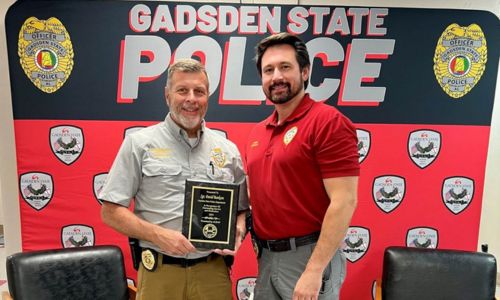 Sgt. David Bankson, left, is pictured with Chief Jay Freeman. Bankson recently was named Gadsden State’s Police Officer of the Year and was honored at a luncheon sponsored by the Alabama Law Enforcement Appreciation Foundation.