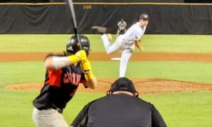 Former Alexandria High pitcher Andrew Allen pitches for the Sunbelt League’s Choccolocco Monsters against the Atlanta Crackers on Sunday at Choccolocco Park. (Photo by Joe Medley)
