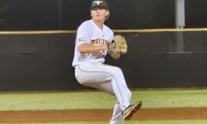 Choccolocco Monsters pitcher Dawson Campbell pitches on the way to holding the Waleksa Wild Things to two hits in the nightcap of their Sunbelt League doubleheader on Wednesday. (Photo by Joe Medley)