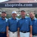 Local golf enthusiasts (from left) Aaron Gregerson, Matt Miller, Ted Gregerson and Jeremy McGatha pose in front of the Ted’s Floors & Beyond tent near the No. 16 tee at Anniston Country Club. The first annual Ted’s Charity Invitational Golf Tournament tees off Saturday at Anniston Country Club. (Submitted photo)