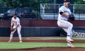 Choccolocco Monsters pitcher Hayes Harrison comes out of his windup against the Atlanta Crackers during Friday’s Sunbelt League action at Choccolocco Park. (Photo by Joe Medley)