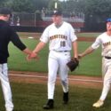 Choccolocco Monsters pitcher Andrew Allen is congratulated by Monsters coach Ricky Ray Clayton and teammate Huge Windle in the first inning of Friday’s Game 1 of the Monsters’ semifinal series against the Cartersville Cannons. (Photo by Joe Medley)