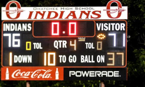 The scoreboard following Ohatchee’s historic 76-71 victory over New Hope on Friday. (Photo by Greg Warren/For East Alabama Sports Today)