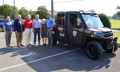 Representative Craig Lipscomb, State Senator Andrew Jones, Representatives Mark Gidley and Mack Butler, Gadsden State President Dr. Kathy Murphy and GSCC Chief of Police Jay Freeman with the Polaris Ranger NorthStar/Police Edition purchased with funds from a community development grant.