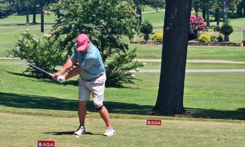 Ty Cole tees off on No.14 during Sunday’s State Match Play finals match at Anniston Country Club. (Photo by Joe Medley)