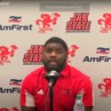 Jax State senior defensive lineman Jaylen Swain talks during Monday’s news conference ahead of the Gamecocks’ season-opener tonight against Coastal Carolina on Burgess-Snow Field. (Photo by Joe Medley)